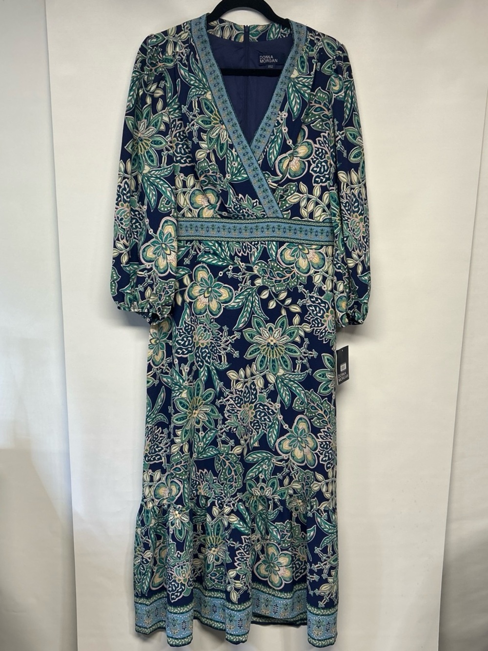 Donna Morgan Navy Floral Wrap Maxi Dress with Teal and Cream Accents